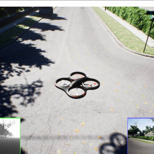 A quadcopter drone is hovering over a suburban street intersection in a realistic simulation environment, with its shadow visible on the road.On-screen debug messages indicate the drone's status, and two inset views show a depth map and the drone’s c...